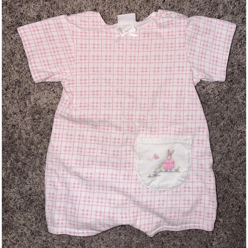 Vintage Carter's Baby Romper 9-12M Pink Plaid Bunny On Pocket USA Made‎